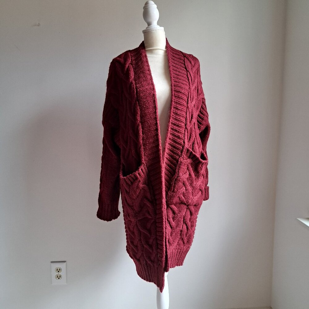 Cozy burgundy red sweater robe swacket cable knit one size os oversized chunky